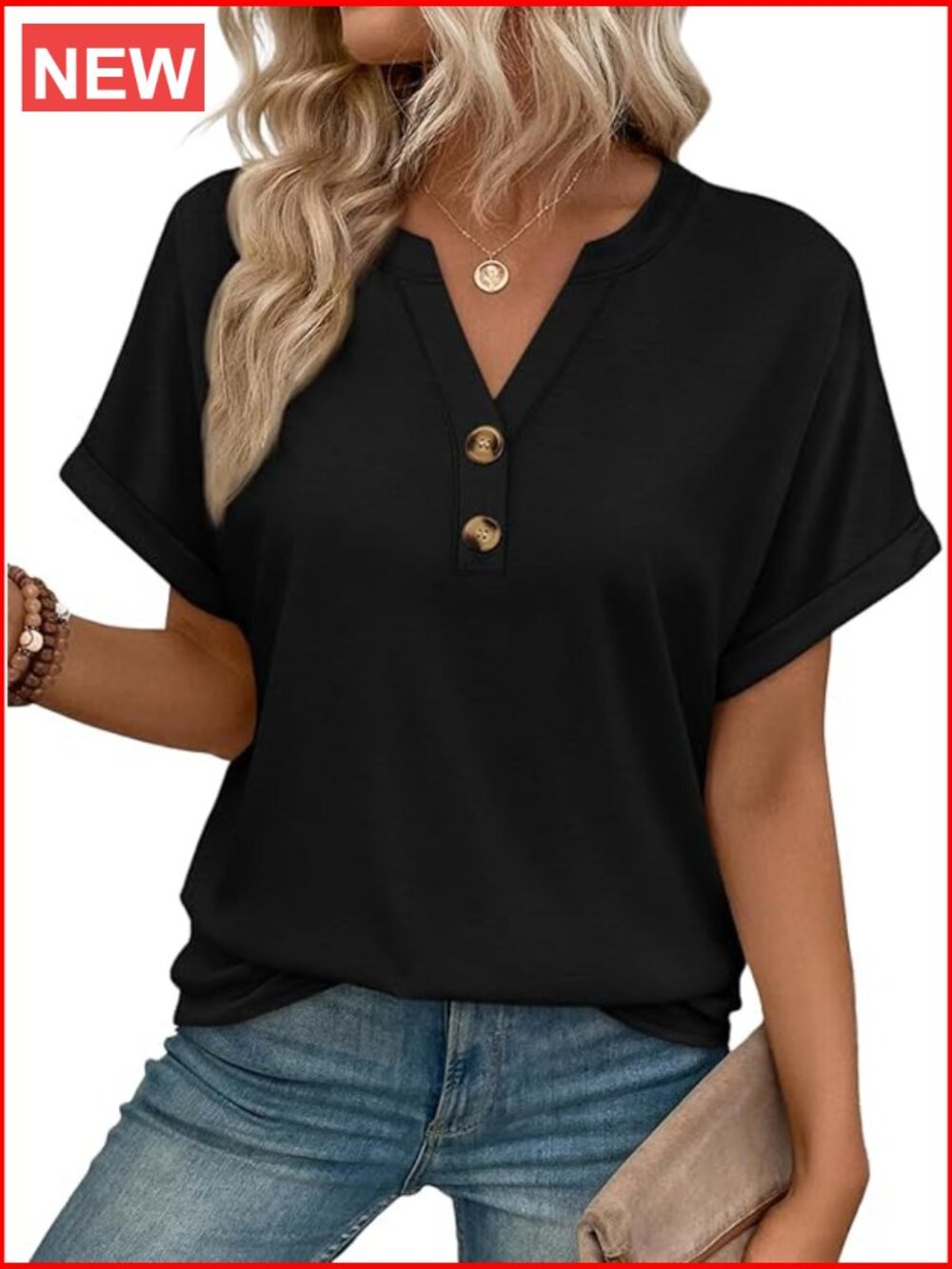 Short Sleeve V Neck Henley Blouse Tunic Spring Summer Flowy Top